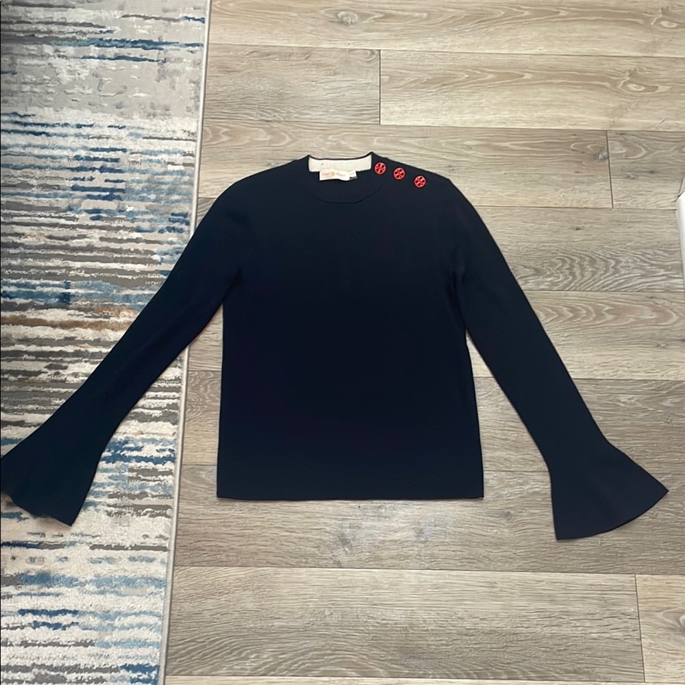 Tory Burch Black Fitted Blouse with Crew Neck and Bell Sleeves
